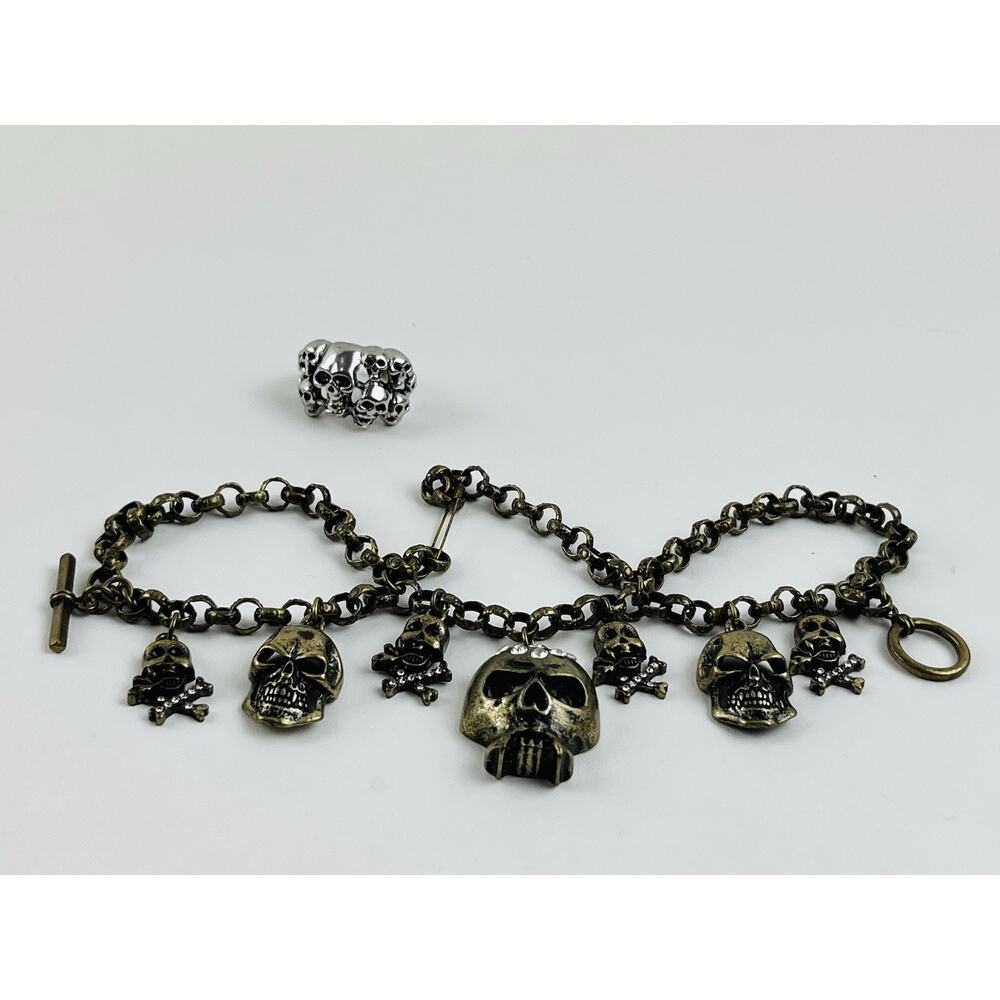 SKULL RING CHARM BRACELET SKELETON HEADS Brass Silver Rhinestone Halloween Goth
